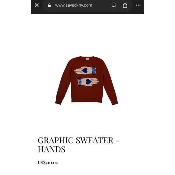 SAVED NY Womens S/M Graphic Hands 100% Cashmere Sweater Dark Orange $410 - Picture 7 of 7
